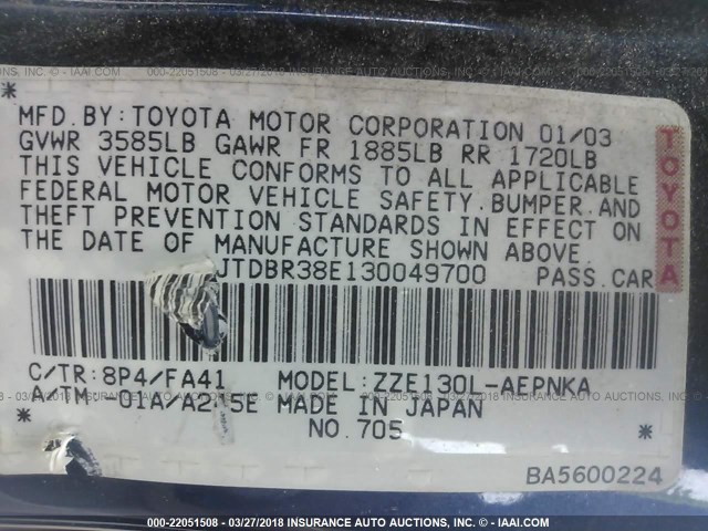 JTDBR38E130049700 - 2003 TOYOTA COROLLA CE/LE BLUE photo 9