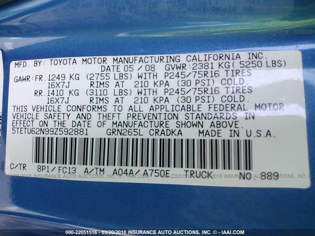 5TETU62N99Z592881 - 2009 TOYOTA TACOMA PRERUNNER ACCESS CAB BLUE photo 9