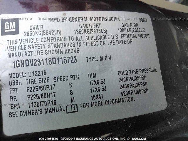 1GNDV23118D115723 - 2008 CHEVROLET UPLANDER LS Շագանակագույն լուսանկար 9