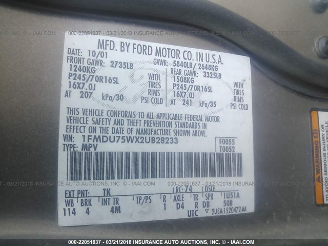 1FMDU75WX2UB28233 - 2002 FORD EXPLORER LIMITED ოქროსფერი ფოტო 9