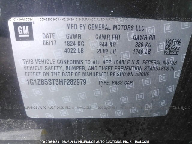 1G1ZB5ST3HF282979 - 2017 CHEVROLET MALIBU LS შავი ფოტო 9