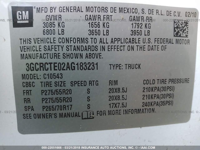 3GCRCTE02AG183231 - 2010 CHEVROLET SILVERADO C1500 LTZ WHITE photo 9