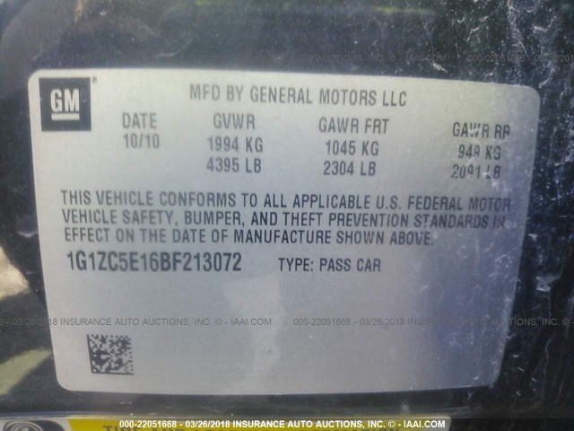 1G1ZC5E16BF213072 - 2011 CHEVROLET MALIBU 1LT 黑色 照片 9