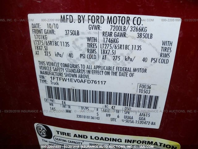 1FTFW1EV0AFD76117 - 2010 FORD F150 SUPERCREW RED photo 9