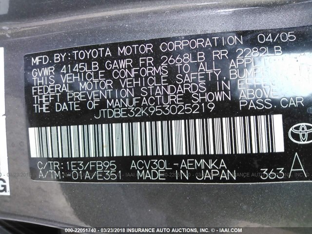 JTDBE32K953025219 - 2005 TOYOTA CAMRY LE/XLE/SE TAN photo 9