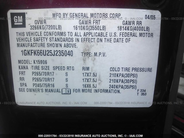 1GKFK66U25J235040 - 2005 GMC YUKON XL DENALI RED photo 9