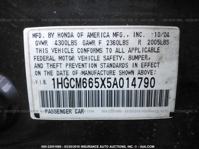 1HGCM665X5A014790 - 2005 HONDA ACCORD EX GRAY photo 9