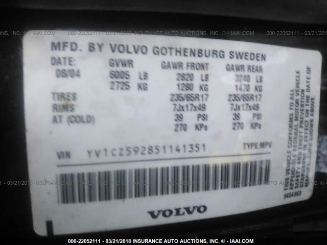 YV1CZ592851141351 - 2005 VOLVO XC90 BLACK photo 9