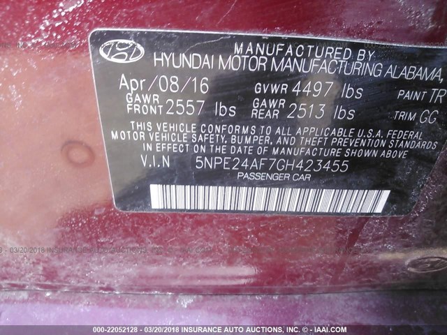 5NPE24AF7GH423455 - 2016 HYUNDAI SONATA SE RED photo 9