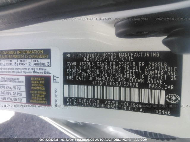 4T1BF1FK5GU157978 - 2016 TOYOTA CAMRY LE/XLE/SE/XSE თეთრი ფოტო 9