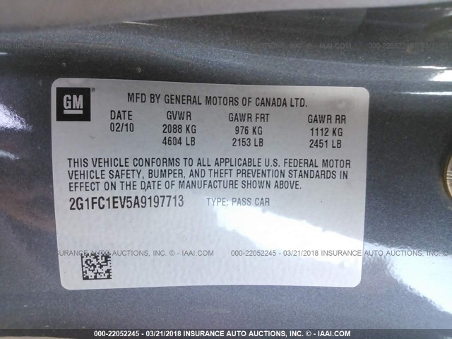 2G1FC1EV5A9197713 - 2010 CHEVROLET CAMARO LT GRAY photo 9