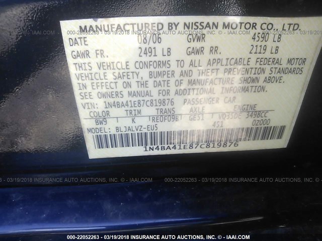 1N4BA41E87C819876 - 2007 NISSAN MAXIMA SE/SL BLUE photo 9