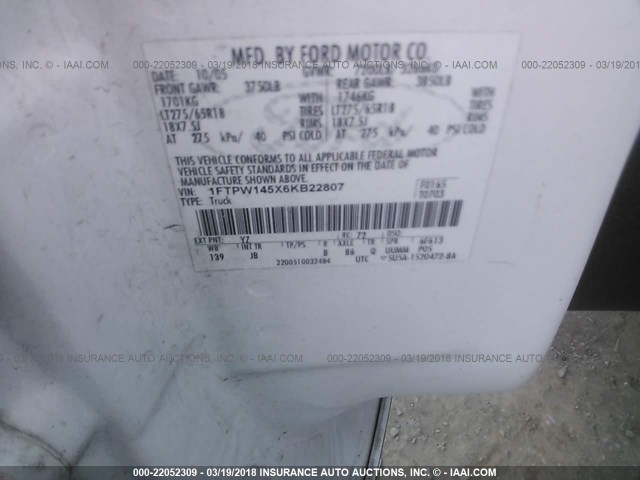 1FTPW145X6KB22807 - 2006 FORD F150 SUPERCREW WHITE photo 9