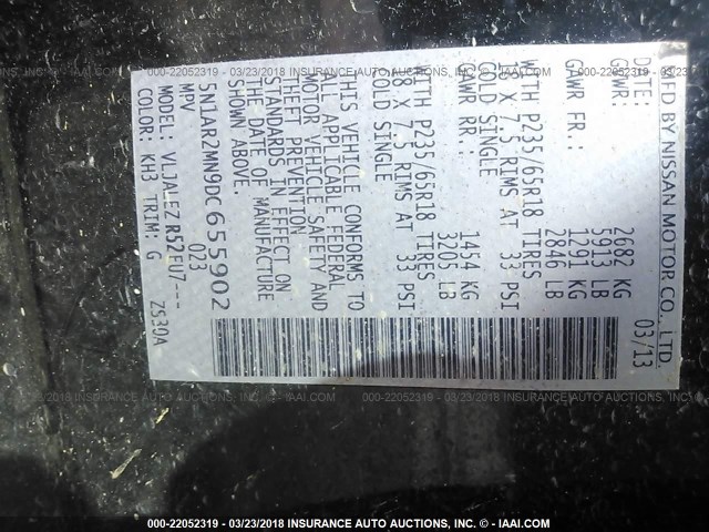 5N1AR2MN9DC655902 - 2013 NISSAN PATHFINDER S/SV/SL/PLATINUM 黑色 照片 9