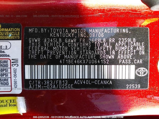 4T1BE46KX7U064152 - 2007 TOYOTA CAMRY NEW GENERAT CE/LE/XLE/SE RED photo 9