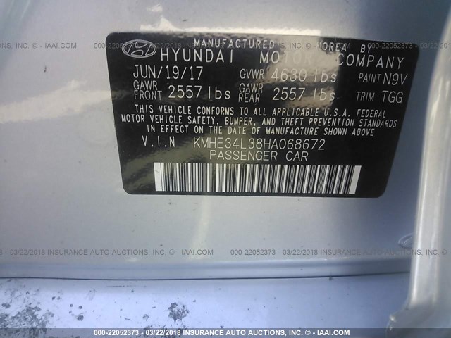 KMHE34L38HA068672 - 2017 HYUNDAI SONATA HYBRID/LIMITED SILVER photo 9