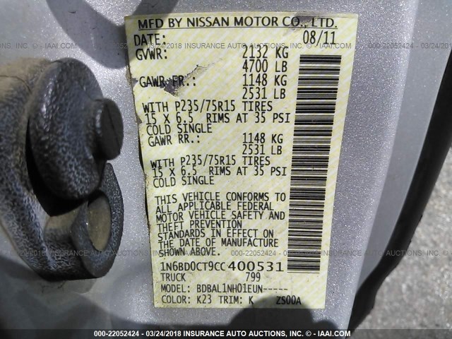 1N6BD0CT9CC400531 - 2012 NISSAN FRONTIER S/SV SILVER photo 9