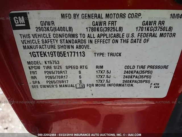 1GTEK19T05E177113 - 2005 GMC NEW SIERRA K1500 RED photo 9