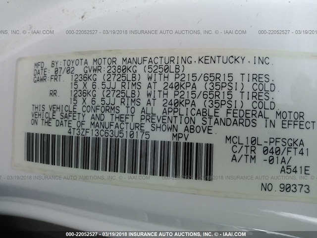 4T3ZF13C63U510175 - 2003 TOYOTA SIENNA LE/XLE WHITE photo 9