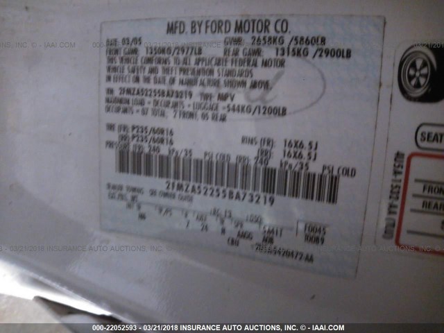 2FMZA52255BA73219 - 2005 FORD FREESTAR SEL WHITE photo 9