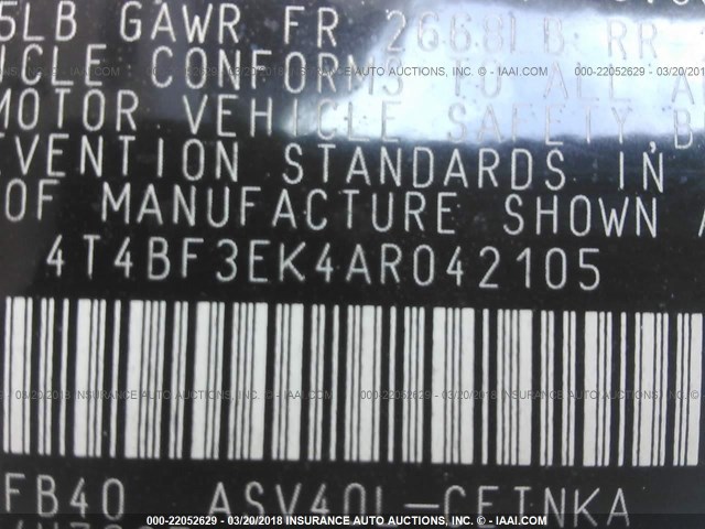 4T4BF3EK4AR042105 - 2010 TOYOTA CAMRY SE/LE/XLE WHITE photo 9