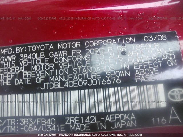 JTDBL40E09J016676 - 2009 TOYOTA COROLLA LE/XLE RED photo 9