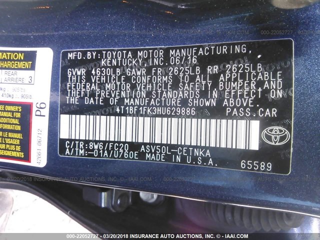 4T1BF1FK3HU629886 - 2017 TOYOTA CAMRY LE/XLE/SE/XSE Gris photo 9