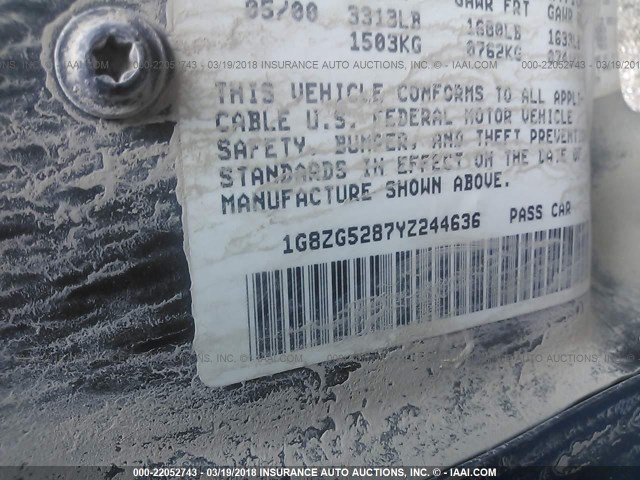 1G8ZG5287YZ244636 - 2000 SATURN SL1 BLUE photo 9