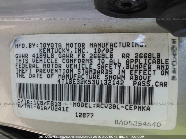 4T1BE32K53U132142 - 2003 TOYOTA CAMRY LE/XLE/SE Gümüş foto 9