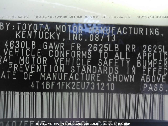 4T1BF1FK2EU731210 - 2014 TOYOTA CAMRY L/SE/LE/XLE 白色 照片 9