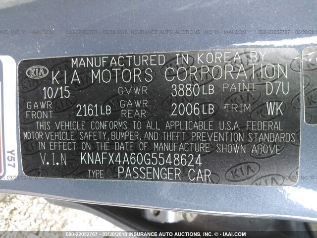 KNAFX4A60G5548624 - 2016 KIA FORTE LX GRAY photo 9