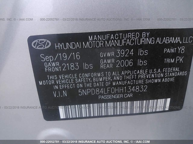 5NPD84LF0HH134832 - 2017 HYUNDAI ELANTRA SE/VALUE/LIMITED SILVER photo 9