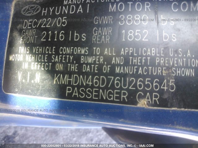 KMHDN46D76U265645 - 2006 HYUNDAI ELANTRA GLS/GT/LIMITED BLUE photo 9