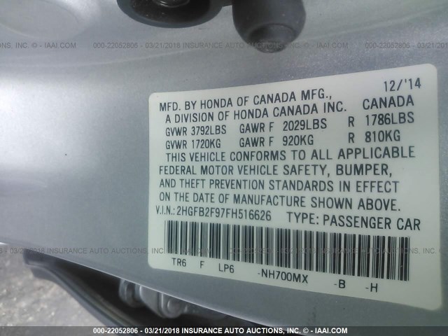 2HGFB2F97FH516626 - 2015 HONDA CIVIC EXL SILVER photo 9
