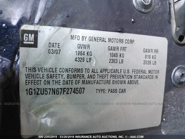 1G1ZU57N67F274507 - 2007 CHEVROLET MALIBU LTZ 黑色 照片 9