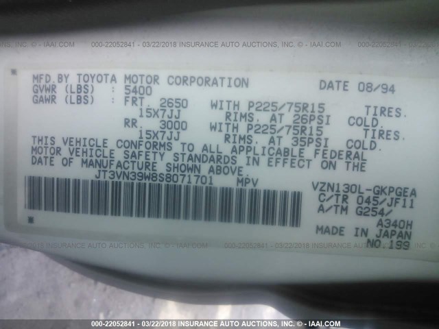 JT3VN39W8S8071701 - 1995 TOYOTA 4RUNNER VN39 SR5 白色 照片 9