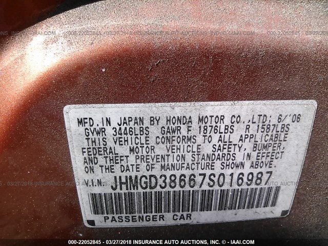 JHMGD38667S016987 - 2007 HONDA FIT S ORANGE photo 9