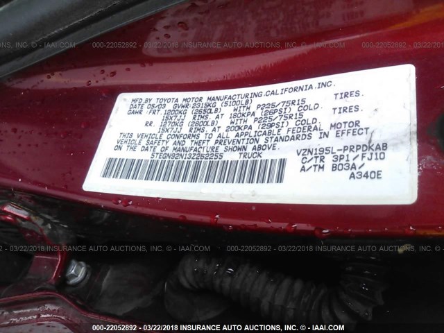 5TEGN92N13Z262255 - 2003 TOYOTA TACOMA DOUBLE CAB PRERUNNER RED photo 9