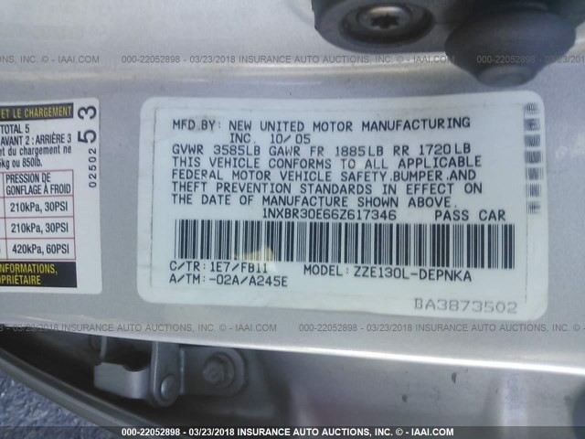 1NXBR30E66Z617346 - 2006 TOYOTA COROLLA CE/LE/S SILVER photo 9