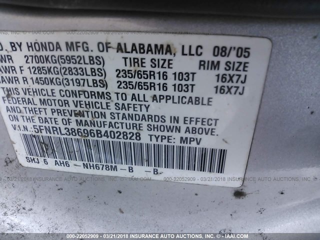 5FNRL38696B402828 - 2006 HONDA ODYSSEY EXL ვერცხლისფერი ფოტო 9