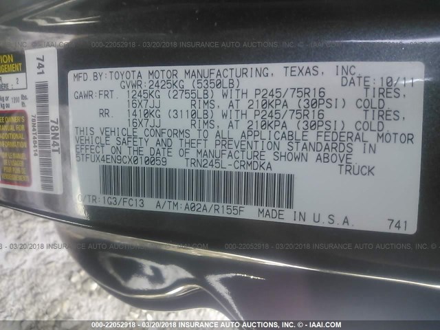 5TFUX4EN9CX010059 - 2012 TOYOTA TACOMA ACCESS CAB Grau Foto 9