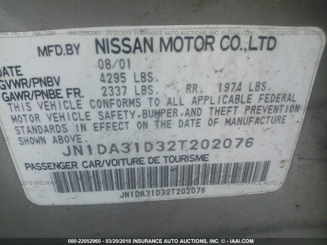 JN1DA31D32T202076 - 2002 NISSAN MAXIMA GLE/GXE/SE SILVER photo 9