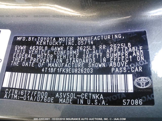 4T1BF1FK9EU826203 - 2014 TOYOTA CAMRY L/SE/LE/XLE 绿色 照片 9