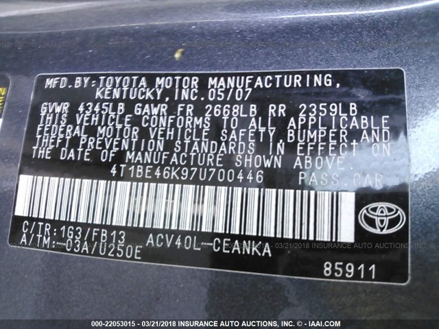 4T1BE46K97U700446 - 2007 TOYOTA CAMRY NEW GENERAT CE/LE/XLE/SE GRAY photo 9