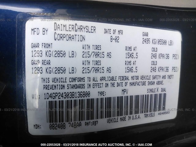 1D4GP24303B136800 - 2003 DODGE GRAND CARAVAN SE BLUE photo 9