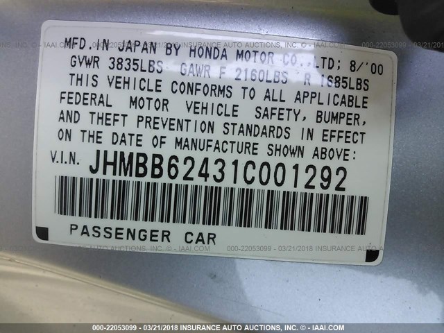 JHMBB62431C001292 - 2001 HONDA PRELUDE SILVER photo 9