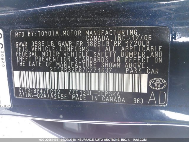 2T1BR32E87C771637 - 2007 TOYOTA COROLLA CE/LE/S BLUE photo 9