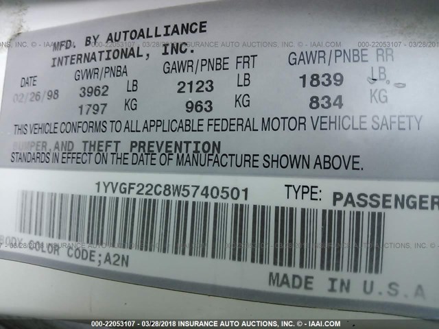 1YVGF22C8W5740501 - 1998 MAZDA 626 DX/LX WHITE photo 9