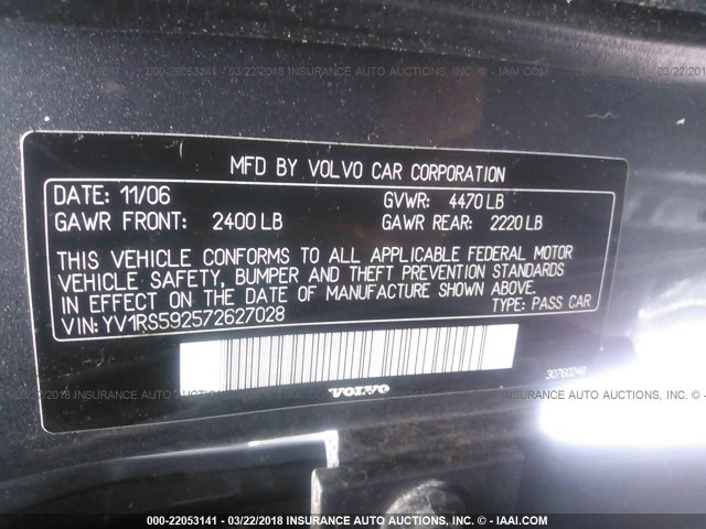 YV1RS592572627028 - 2007 VOLVO S60 2.5T GRAY photo 9
