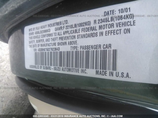 4S3BH675027623943 - 2002 SUBARU LEGACY OUTBACK AWP GREEN photo 9